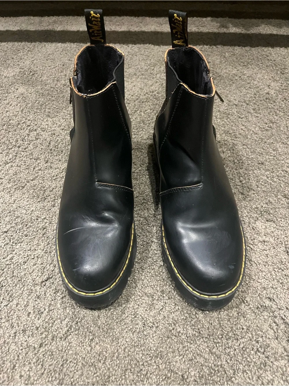 Dr. Martens Black Chelsea Platform Booties with Yellow Stitching